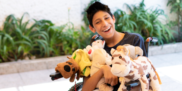 Smiling boy in wheelchair with soft toys