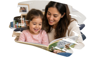 A smiling woman and young girl reading a book together indoors, sharing a joyful moment.